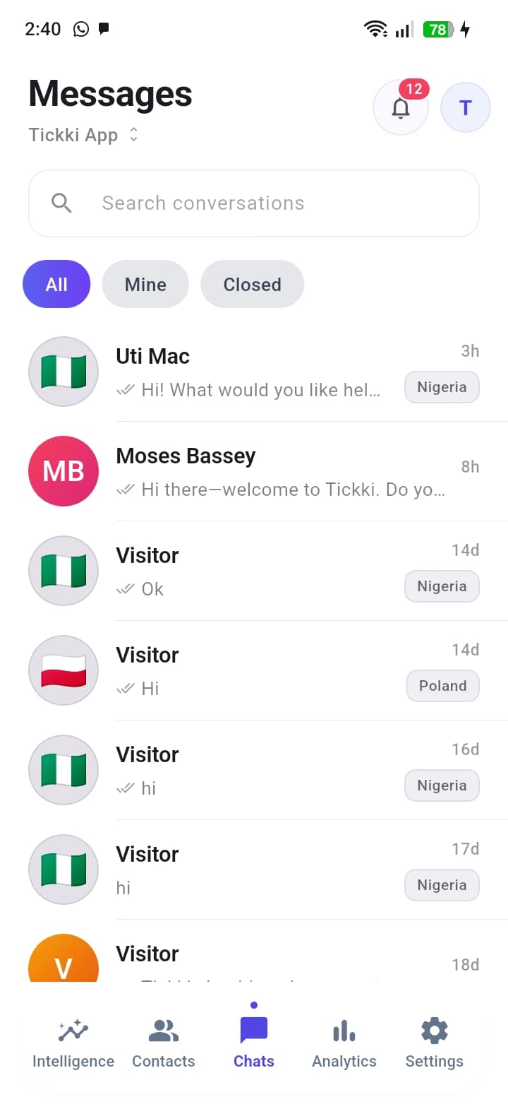 Tickki mobile app — Messages inbox with visitor conversations and country tags